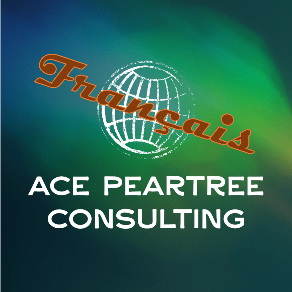 Logo of Ace Peartree Consulting with the word 'Français' written in an artistic font above and a globe illustration, set against a gradient green background.